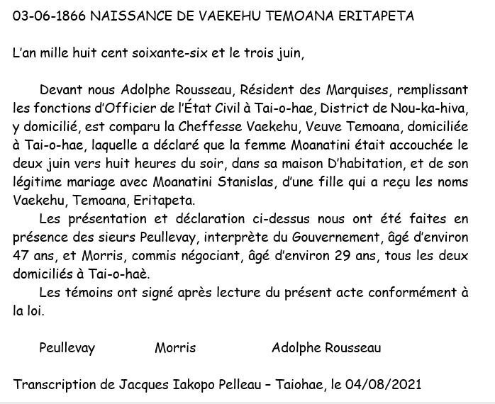 1866 06 03 TRANSCRIPTION NAISSANCE VAEKEHU TEMOANA ERITAPETA
