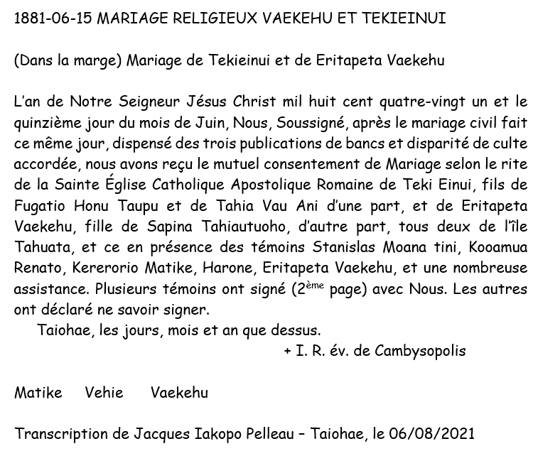 1881 06 15 TRANSCRIPTION MARIAGE RELIGIEUX VAEKEHU2 TEIKIEINUI