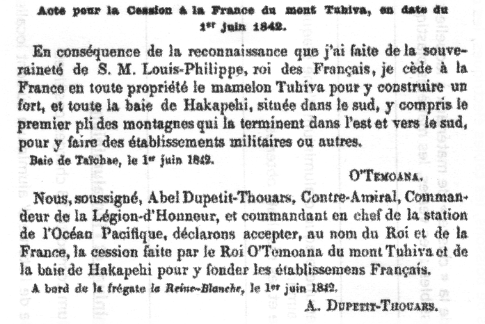 cession tuhiva temoana 1er juin 1842
